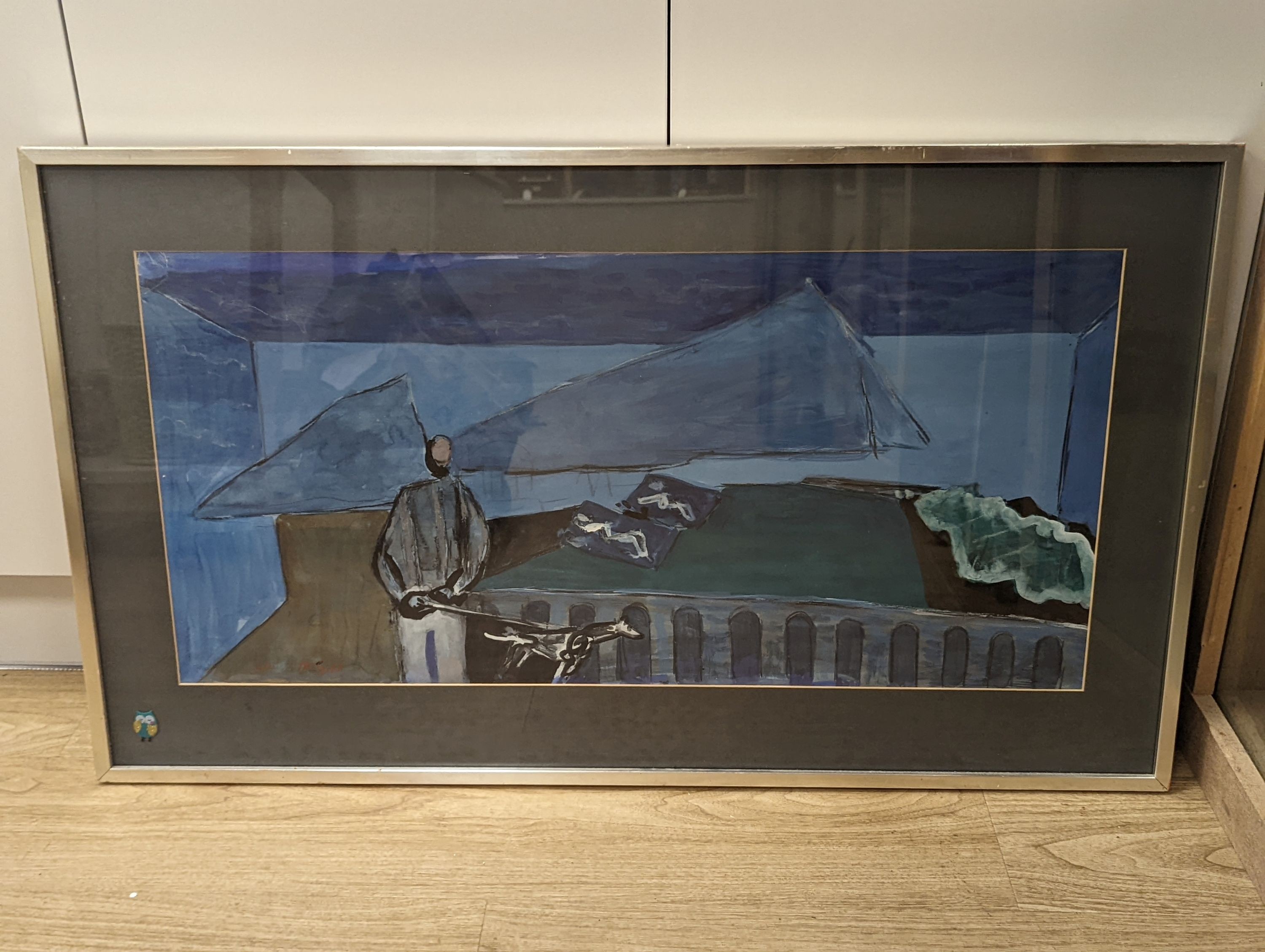 Francis McGill, watercolour and coloured chalk, abstract Man Walking a Dog in Landscape, 40 x 83cm